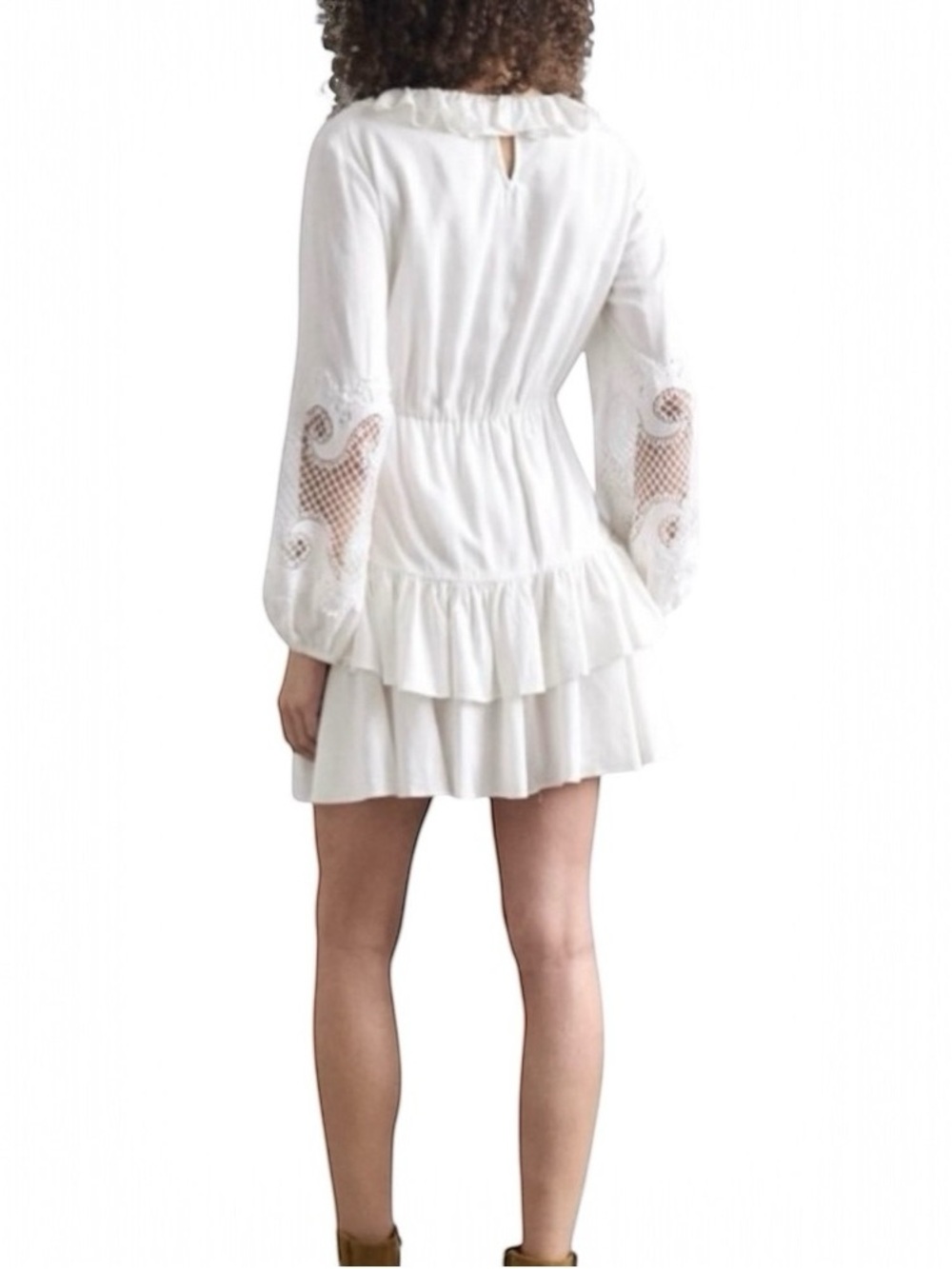 Maje White Ruffle-Trim V-Neck Dress size 42 - Picture 2 of 8